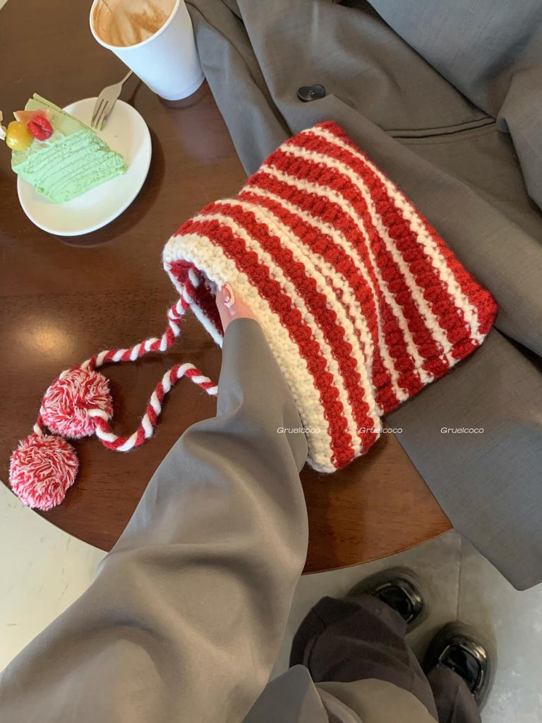 Japanese Little Devil Striped Hairball Knitted Wool Hat Children Autumn And Winter Cat Ears Cute Funny Pullover Hat
