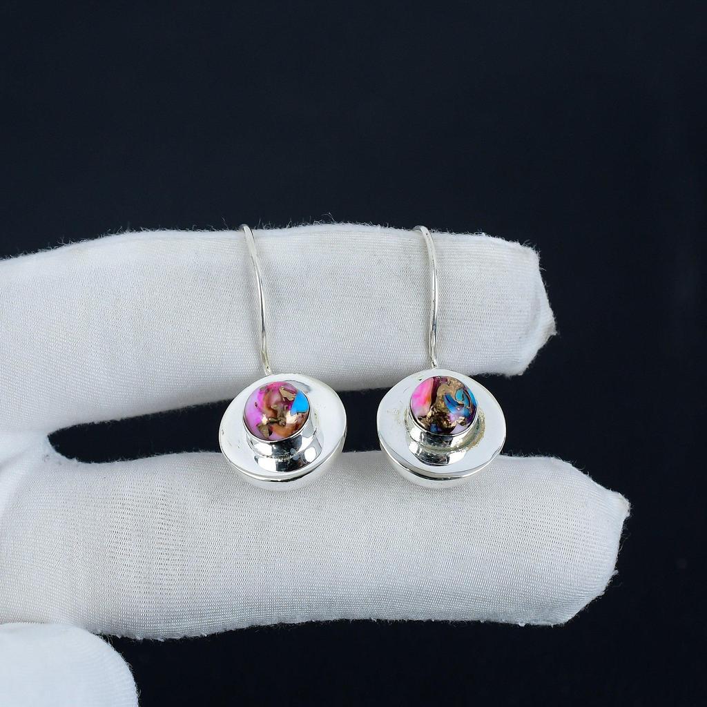 Natural Kingman Pink  Spiny Oyster Gemstone Earrings, 925 Sterling Silver Earring, Handmade Boho Silver Jewelry Dangle Earrings, Birthday Gift