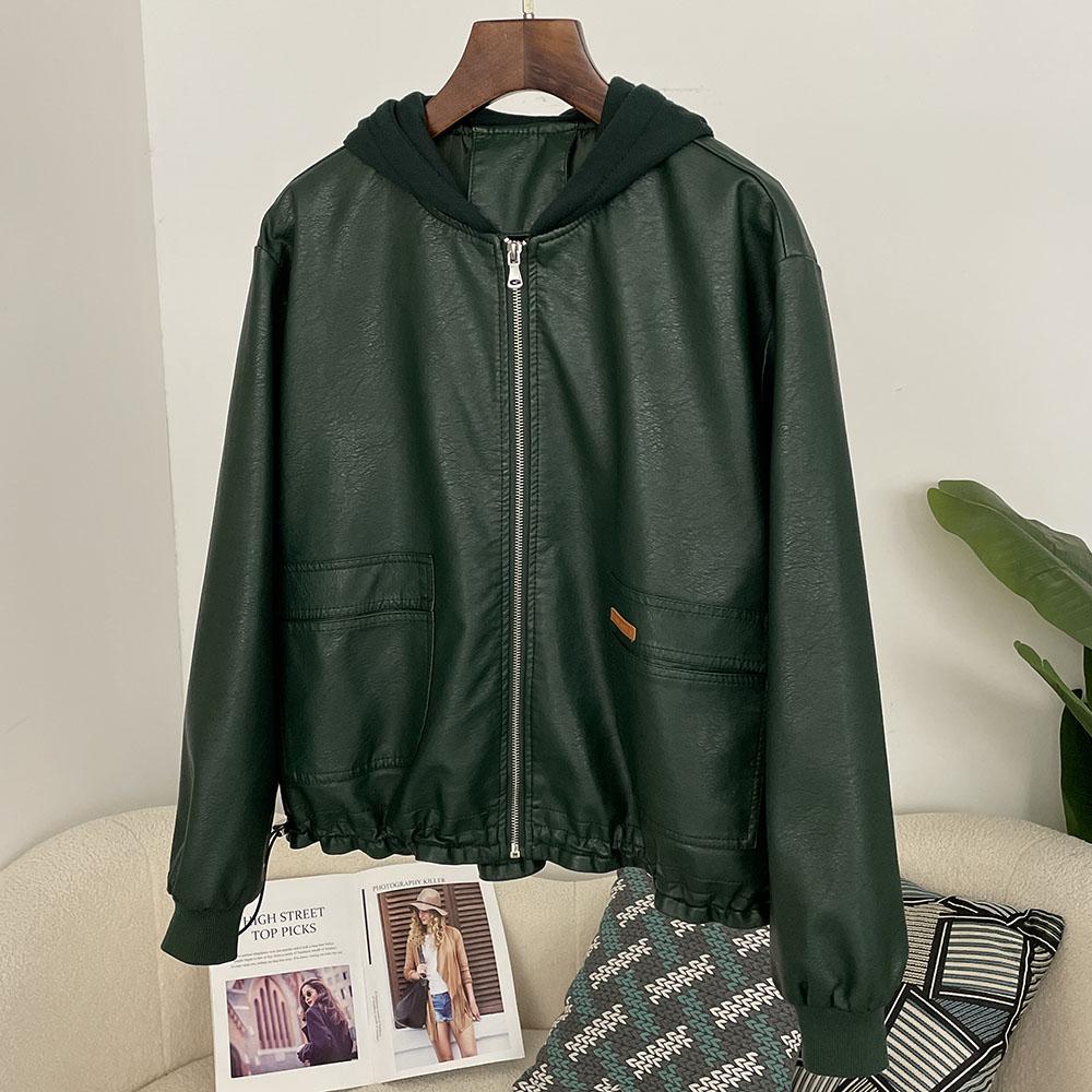 OFTBUY Damen Kapuzenjacke Vintage Locker Pu Kunstleder Hut Kurze Jacke Lässig Motorradjacke Damen Reißverschluss Retro Moto Biker Mantel Oberbekleidung Tops