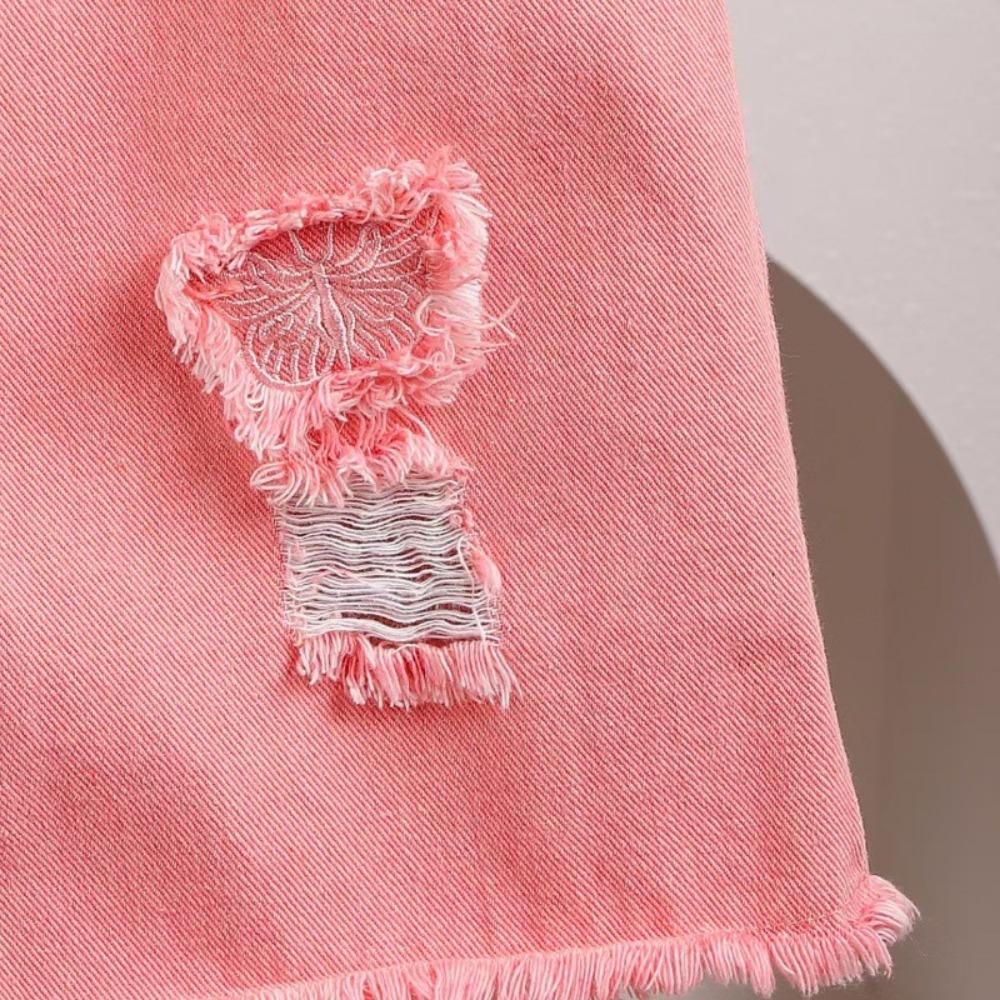 Vaikiški drabužiai Mergaitėms 4-7 m. Rinkinys trumpomis rankovėmis Vasarinis be rankovių topas su kaspinėliu + Rožinis plėšytas džinsinis kelnių rinkinys