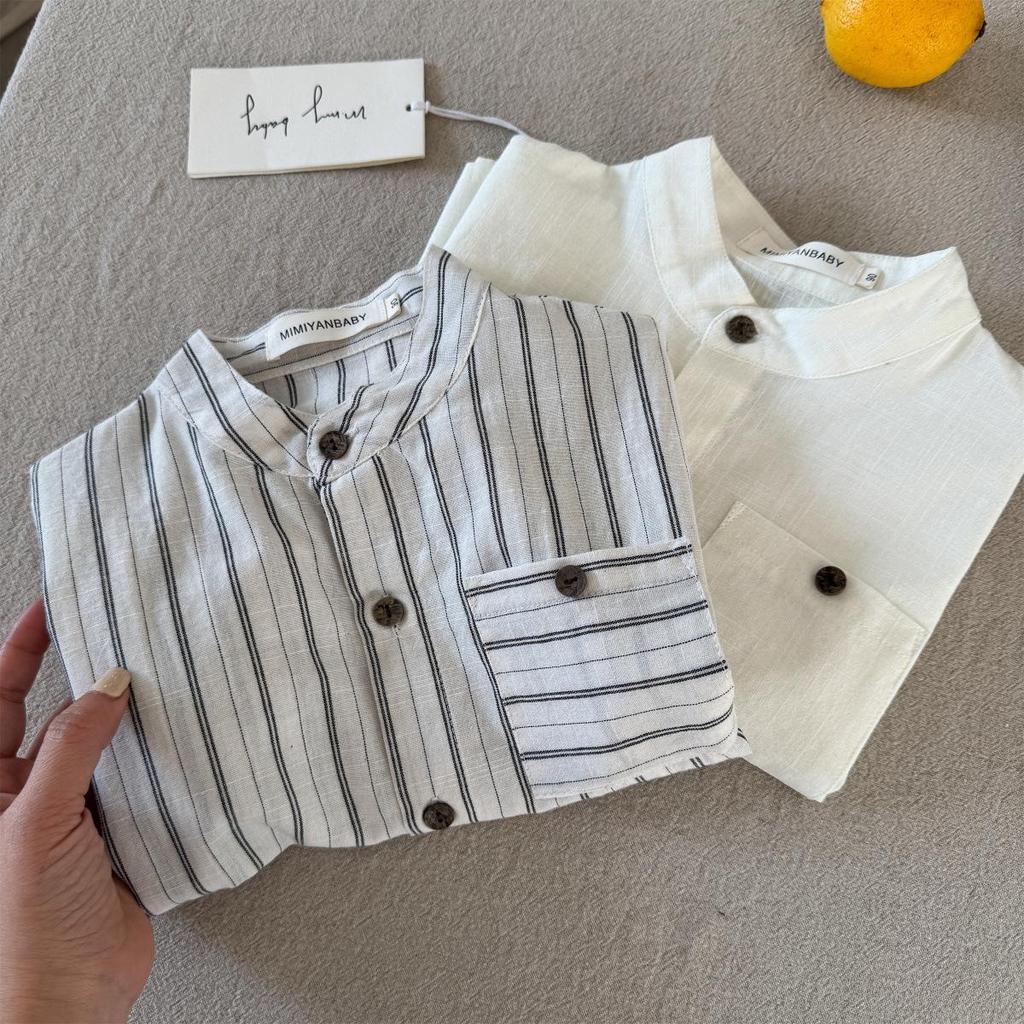 Japanese Trend Boys' Striped Summer Shirt: Stylish, Simple, Short-Sleeved Top for Kids