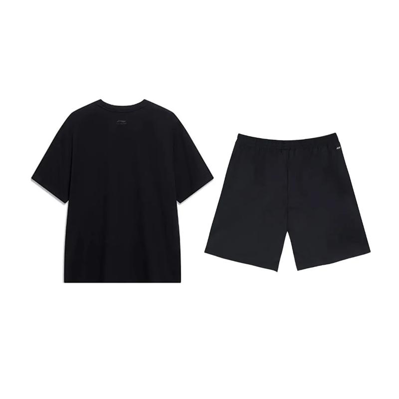 Li Ning Logo Letter Print Round Neck Pullover Short Sleeve T-Shirt Fashion Retro Trendy Versatile Shorts Casual Sports Suit AHSU803-2+YKSV147-2