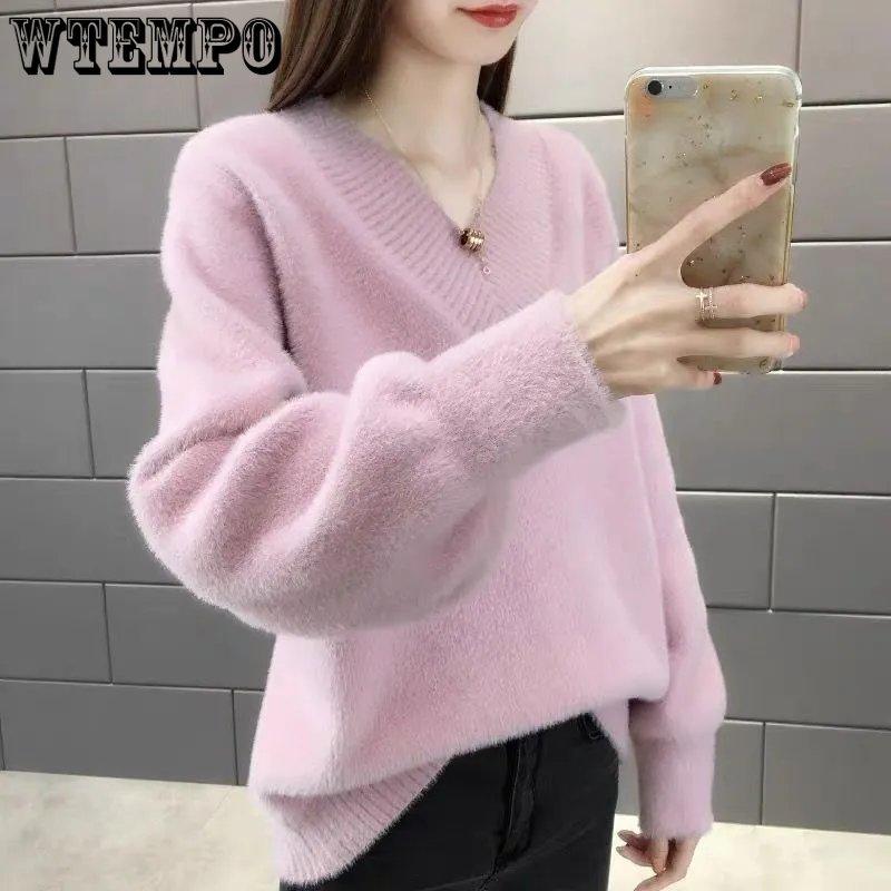 V-neck Mink Sweater Thickened Knitted Jumper Female Korean Style Pullover Loose Casual Sweater Winter Warm Outwear Bottming Tops