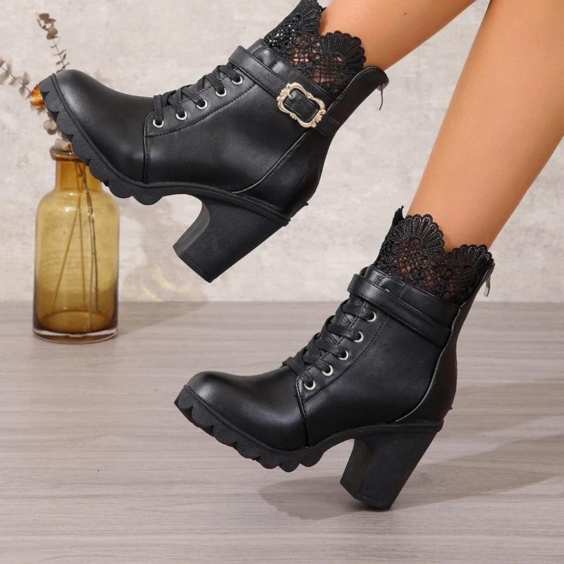 Fashion Quality Women Boots Lace Block High Heels for Woemn Platform Boots Lace Up Bow Lady Ankle Boot and Comfy Walking Boots 2025 New