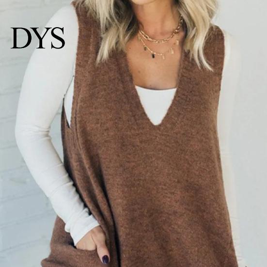 Sand Line Texture Vest Women Sweater V-neck Sleeveless Pockets Mid-length Knitting Jumper Tops Solid Color Autumn Winter Casual Knitwear Season