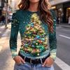 Women's Slim Fit Christmas Print Long Sleeve Neck T-Shirt for Holiday Casual Wear