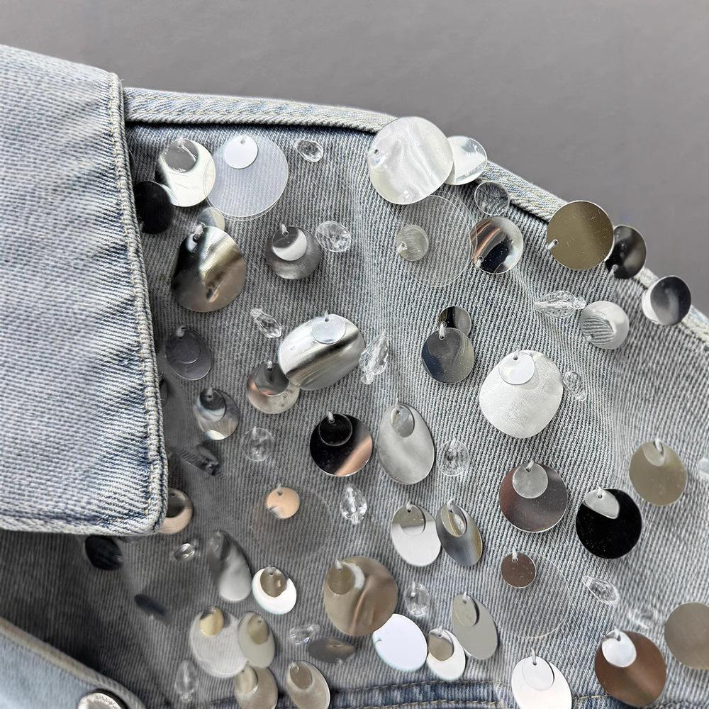 Heavy Industry Sequined Denim Jacket Women's Spring New Loose and Thin European Lapel Long-sleeved Jacket Trendy Brand