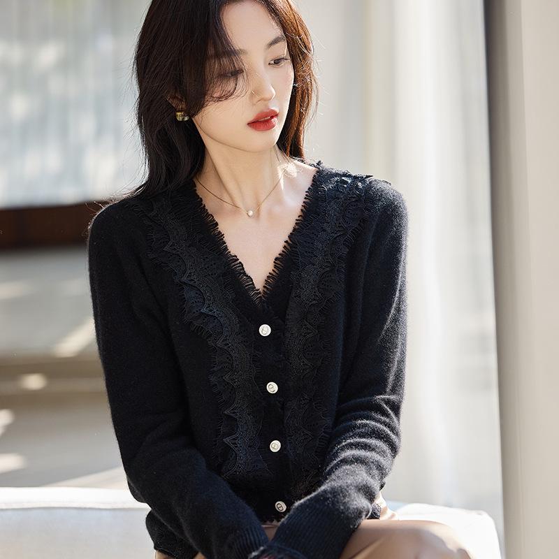 Tidlig Efterår 100% Uld Dame Patchwork Blonder V-hals Cardigan, Langærmet, Fransk Stil Sweater.