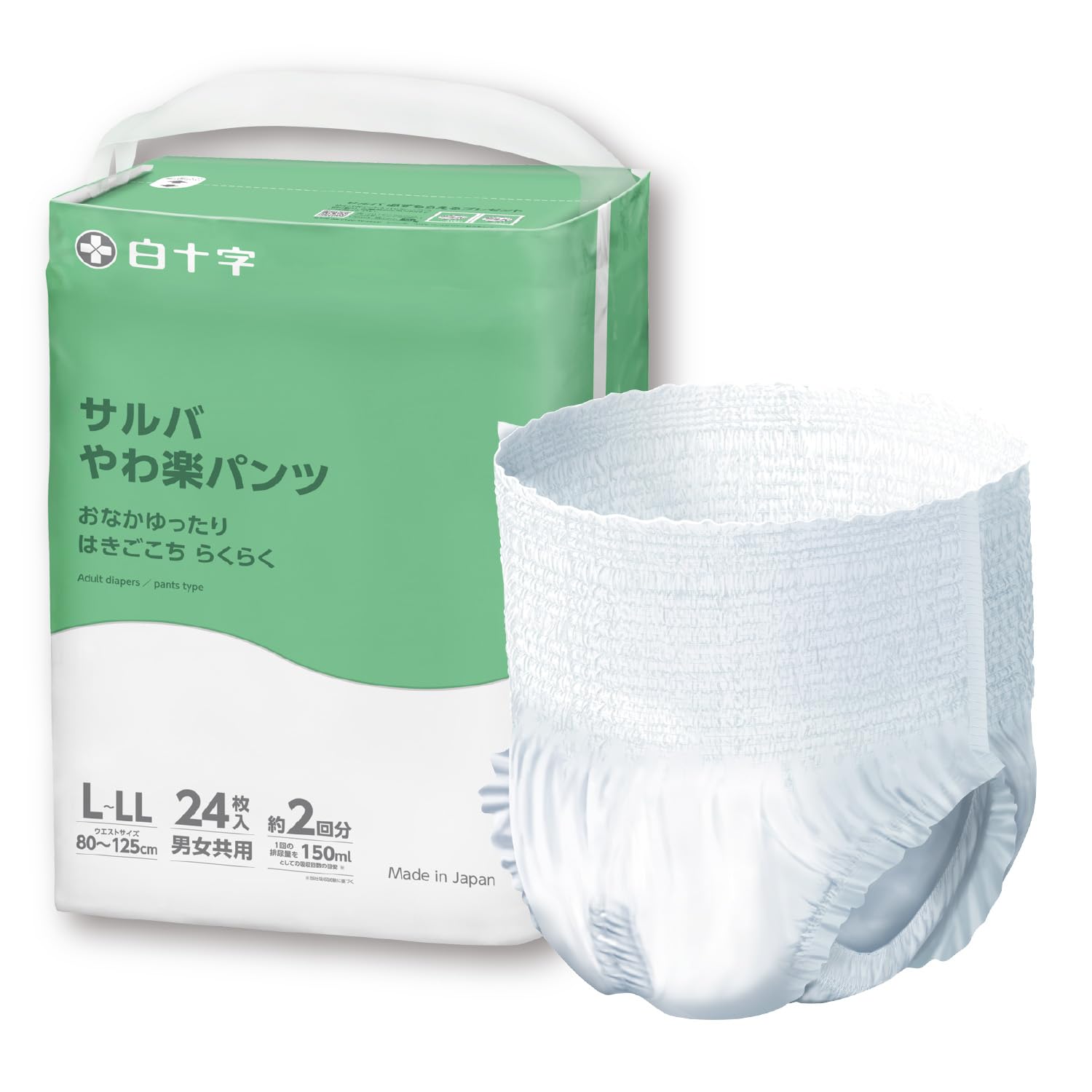 Salva Hakujuji Подгузники-трусики Мягкие Удобные Впитывающие Одноразовые для Взрослых Длинные Резинки для Предотвращения Протеканий L~LL 2-разовые 24 шт. [Особенности: Прилегание Посадка Протекания] белый
