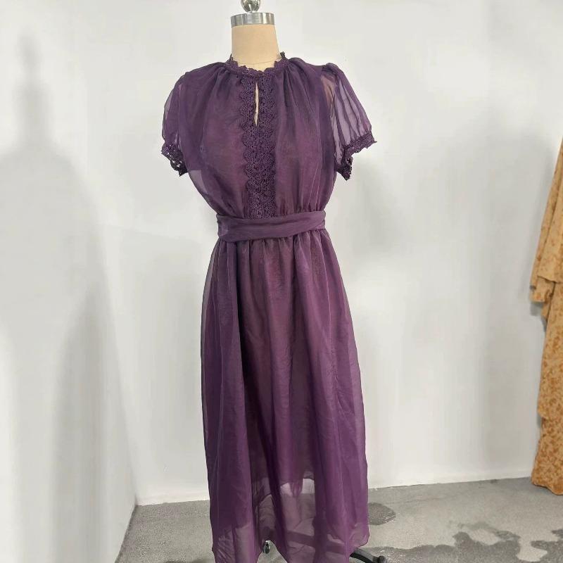 Abito estivo in pizzo a rete a doppio strato, tinta unita, manica corta, alla moda