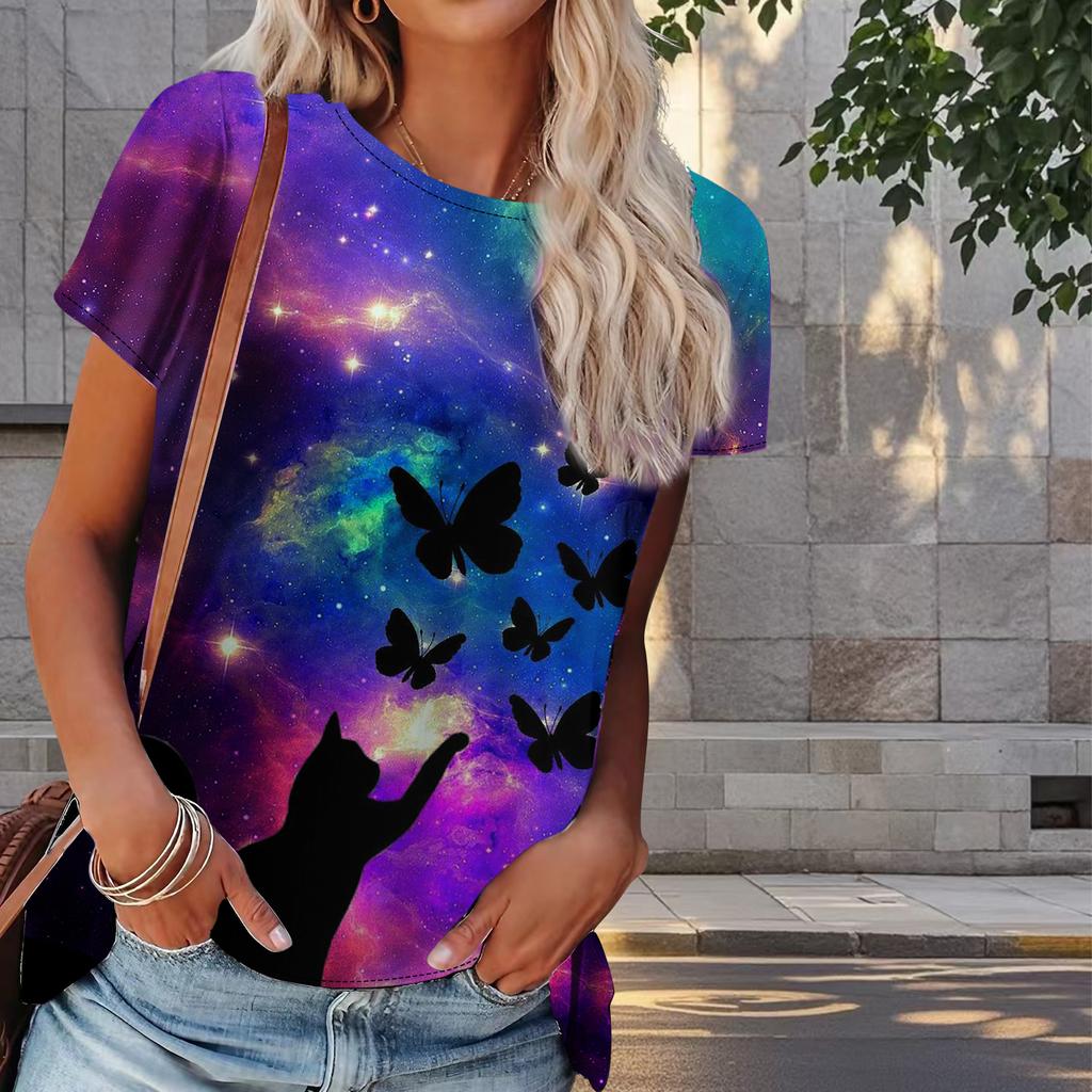 Damen T-Shirt mit Katzen-Print, Retro-Mode, kurzärmelig, lässig, bedruckt