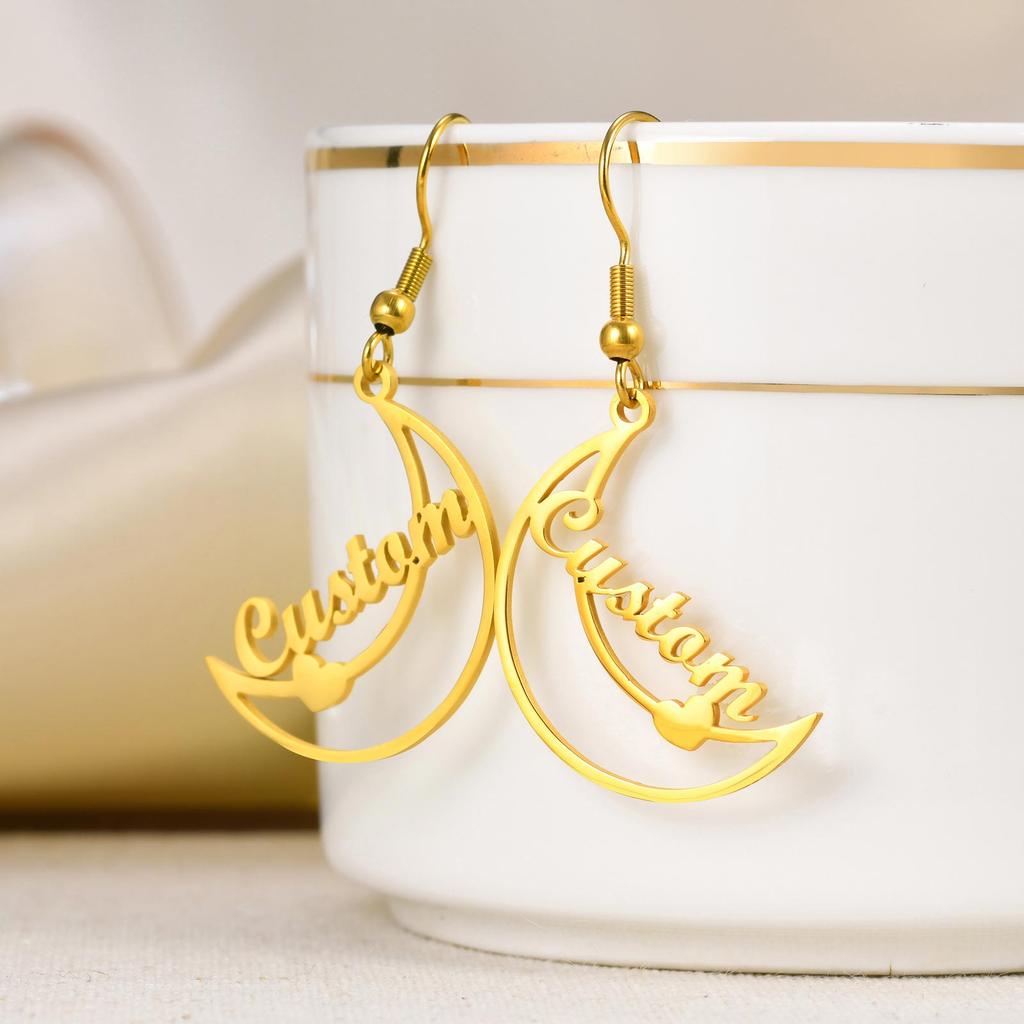 Free Personalized Moon Heart Shaped Name Custom Earrings for Women,Stainless Steel Waterproof Earrings,Fashion Jewelry Gifts