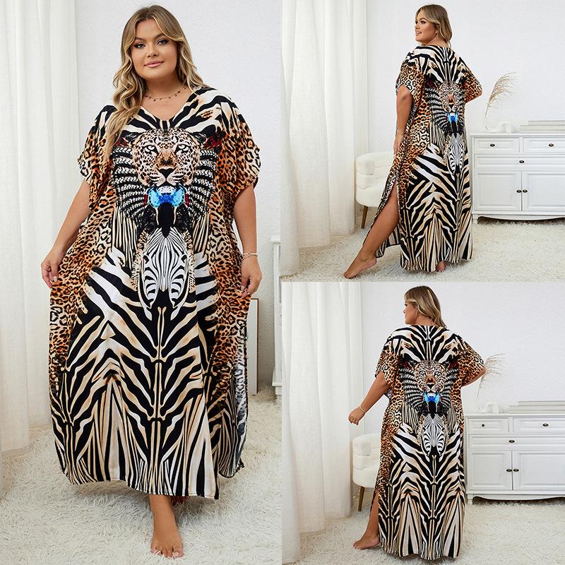 European-American Rayon Print Plus Size Beach Cover-Up Dress & Long Robe