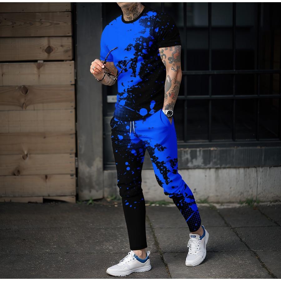 Color Graffiti Blending 3D Print Men Sportswear Set Short-Sleeved T Shirt Pants 2-Piece Set Oversized Pullover Men Clothing