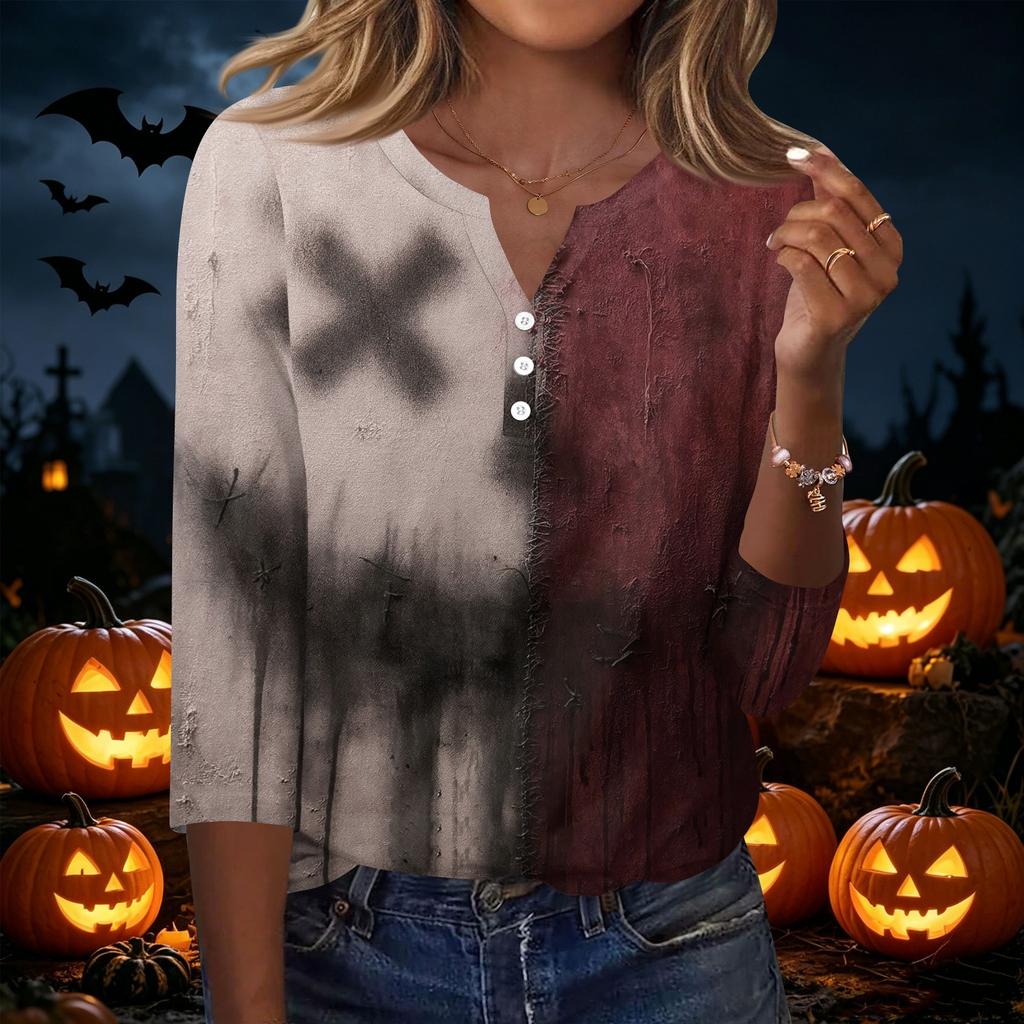 Women's Casual Halloween Print V Neck Button Three Quarter Sleeve T Shirt Top Lightweight Soft Fabric Comfortable Fit