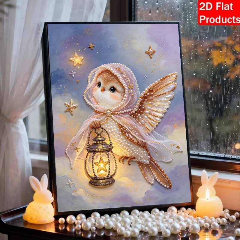 Handmade Framed Pearl Bead Painting Kit Cute Owl with Lantern Pattern 3D Shiny Canvas Art Ready to Display Home Decor Gift Idea