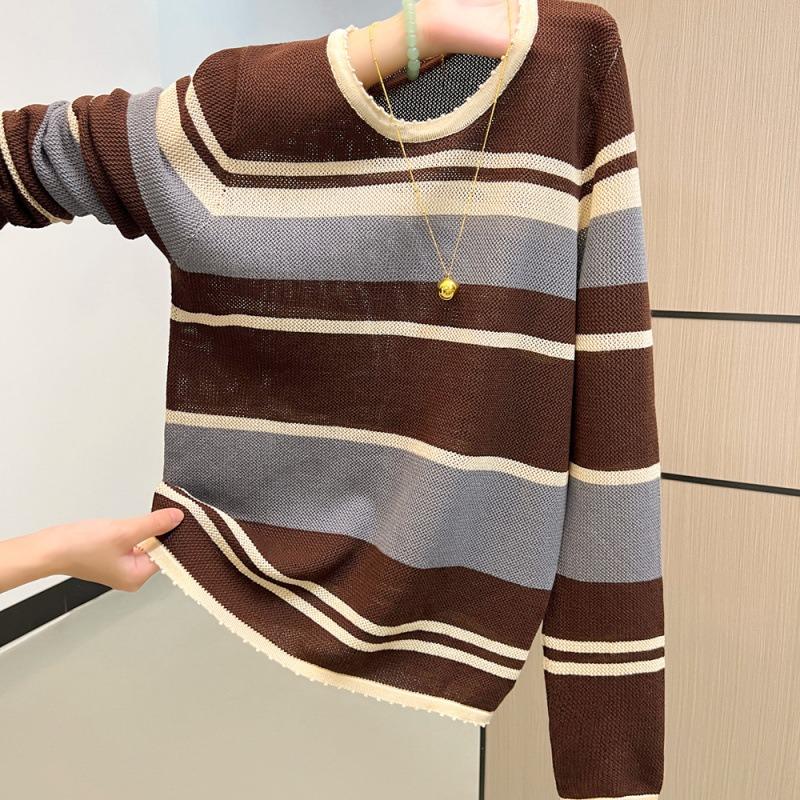 Jesienno-zimowy sweter dzianinowy z kontrastowymi paskami i ażurowym wzorem, z długim rękawem, damski sweter bazowy