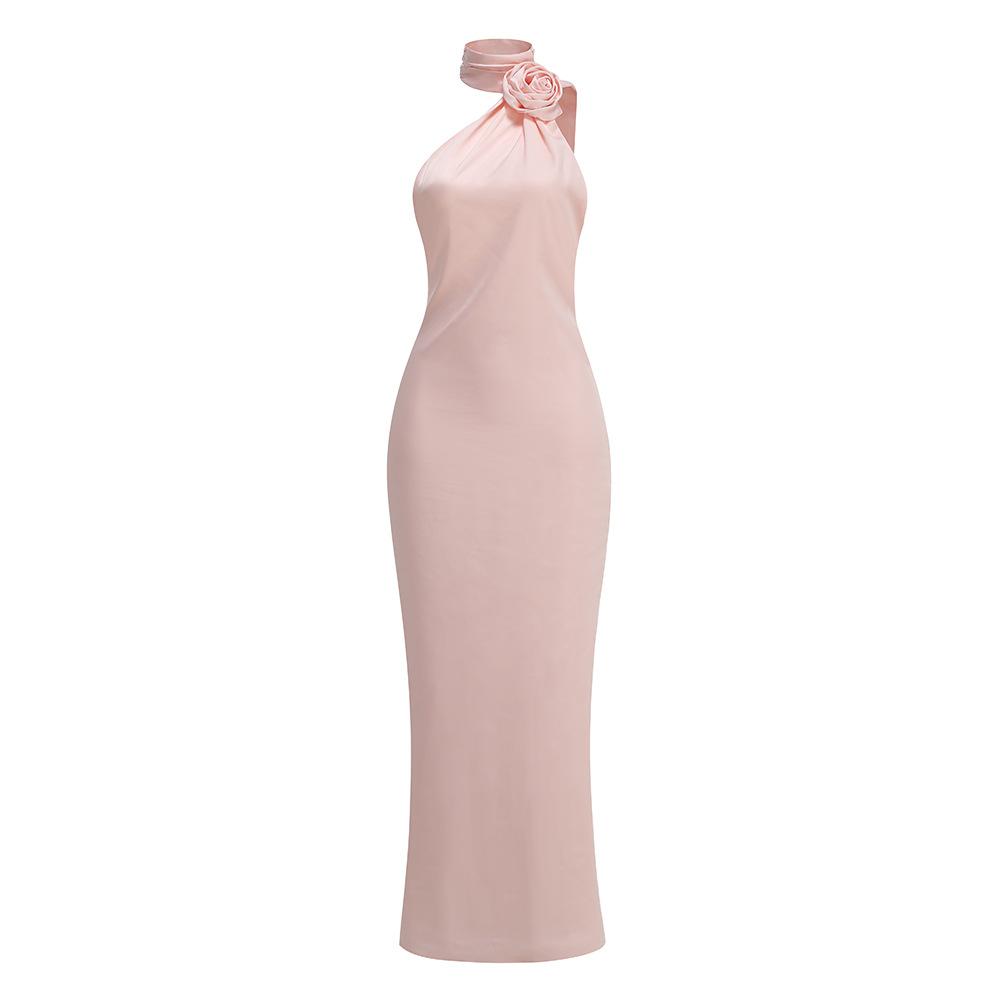 Waist Cinching And Neck Hanging Dress, Elegant High Waisted Evening Gown L розовый