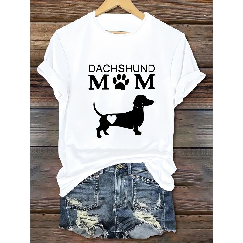 European sizesCasual Short Sleeve Tee with "DACHSHUND MOM" Text & Paw Design, Comfortable Summer Top for Home, Work, or Running, Dachshund T