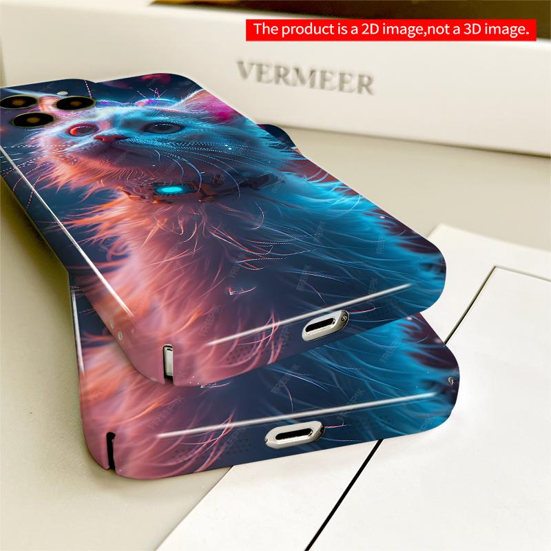 2DFlat Neon Cat in Space with Glowing Tech Collar All inclusive film hard iPhone case, compatible with iPhone 18 Pro Max 17 16 15 14 13 12 11
