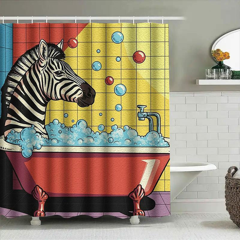 Animal Pattern Pop Art Shower Curtain Zebras Bathing In A Bubble Tub Red, Blue, Yellow Colorful Background Bathroom Decor Home A
