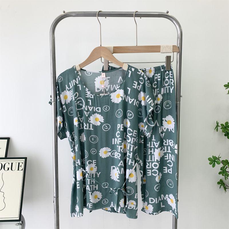 

Summer New Arrival Women s Short Sleeve Shorts Suit round Neck Pullover Loose Plus Size Thin Homewear Pajamas Two-piece Set Green One size