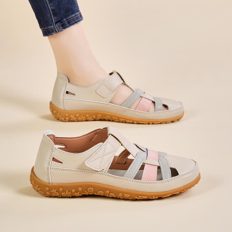 

35-44 Летние женские кожаные сандалии Большие размеры Туфли с отверстиями Повседневная женская обувь Плоские туфли Мамские сандалии 44 розовый/бежевый