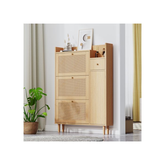 Meuble À Chaussures En Rotin Massif - 3 Portes Battantes Et 1 Tiroir Dimensions : L90/H125/W17cm