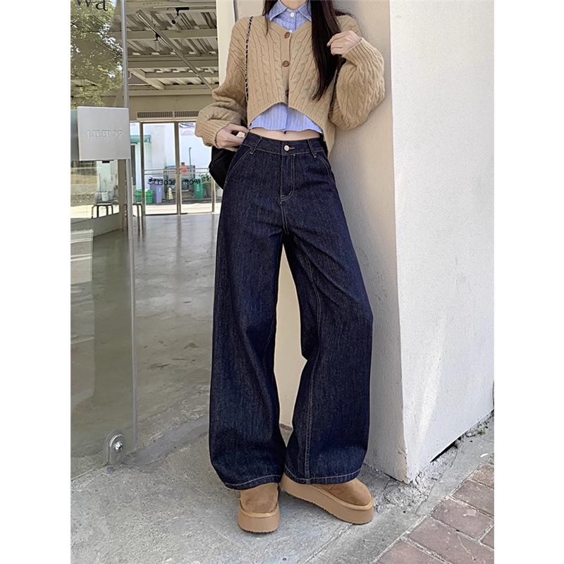 

Джинсы большого размера ретро темно-синие с высокой талией и широкими штанинами для женщин XL