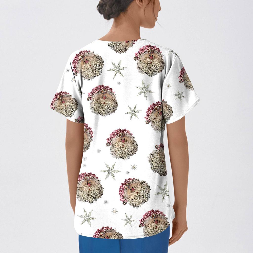 Women's Fashion Printed Short Sleeve V Neck Pattern Tops Pocket Working T-shirts