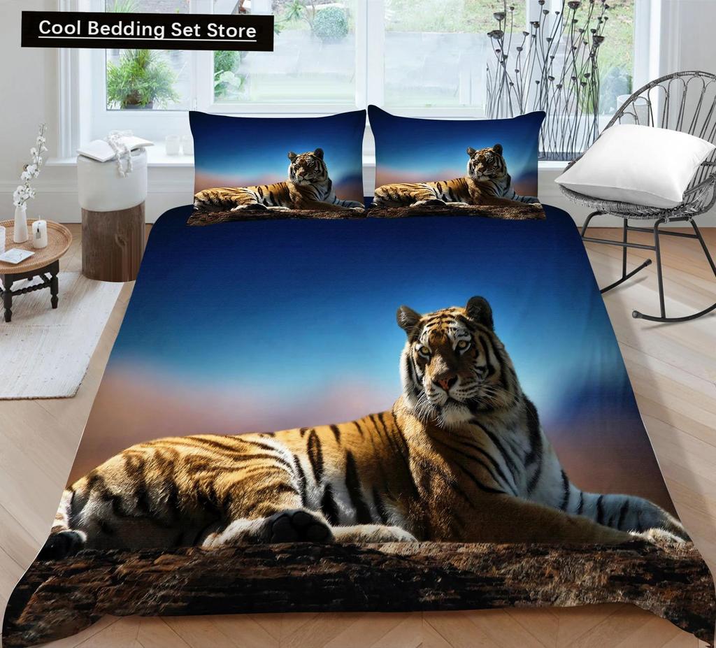 Tiger Duvet Cover Set Red Rose Flower Comforter Cover Boys African Safari Wild Animals Big Cat Queen King Polyester Qulit Cover