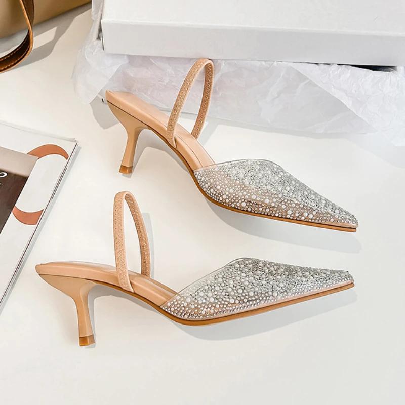 Mode Sommer Damen High Heels Sandalen Perlenverzierung Slingback Spitze Elegant Party Hochzeit Braut Damenschuhe