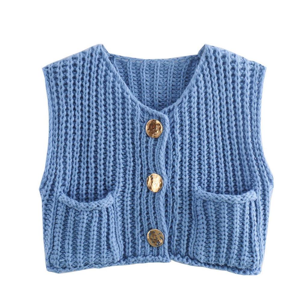 2025 Autumn/Winter Women's V-Neck Sleeveless Three-Button Knit Cardigan Vest