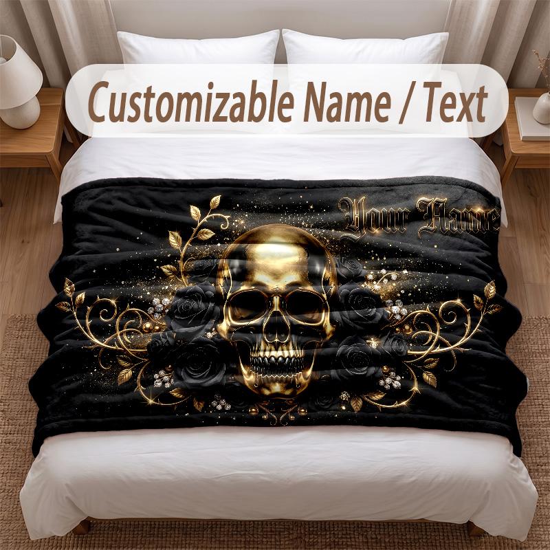 Skull Gothic Theme Soft Blanket Personalized Custom Name Text Print Warm Blanket Home Sofa Bedroom Decor