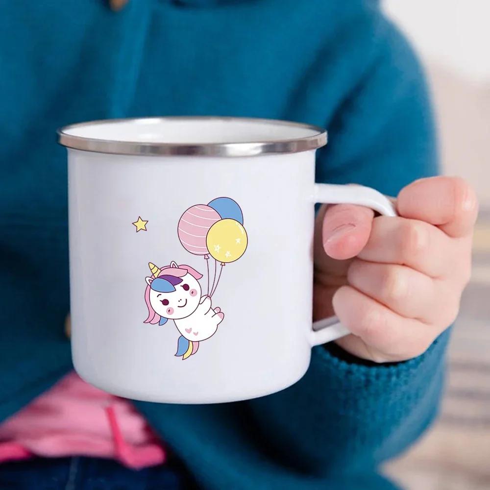 Cartoon Unicorn Printed Creative Mug Water Juice Drinks Milk Cup Enamel Mugs Handle Drinkware Kids Birthday Children's Day Gift