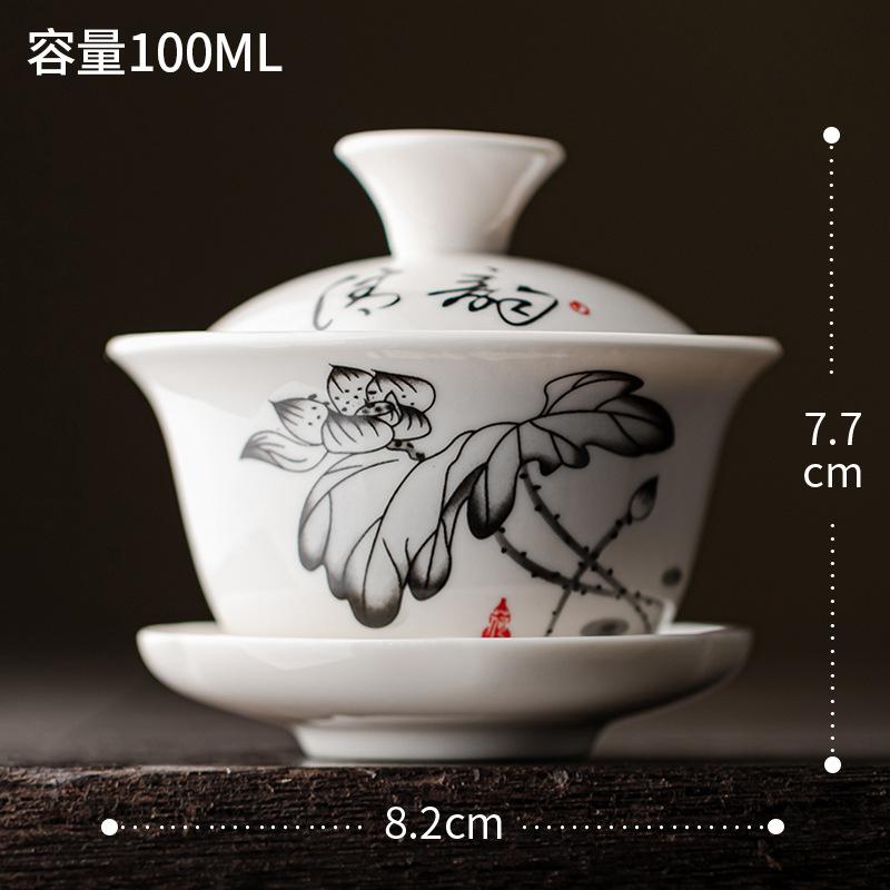 Tea Bowl Ceramic Tea Cup Soup Tureen Chinese Ceramic Gaiwan Porcelain Gaiwan White Lid Bowl Lotus Hand Drawing Gai Wan Shen Puer
