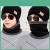 Conjunto de Gorro de Inverno Tricotado e Cachecol com Forro de Fleece para Adultos e Crianças