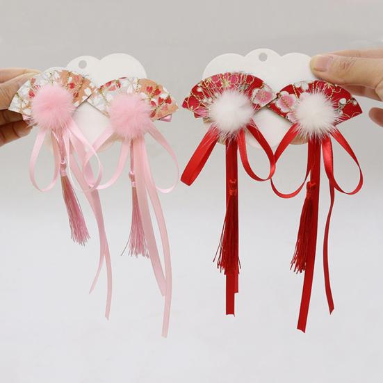 1Pair Chinese Style Kid Girl Pompom Fan Tassel Hairpins Hair Clips Accessories