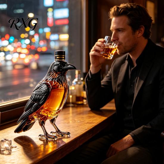 Craft Liquor Container Crow Whiskey Decanter, 350ml Capacity Glass Bottle, Unique Wine Bottle Decorative Alcohol Dispenser for Home Kitchen
