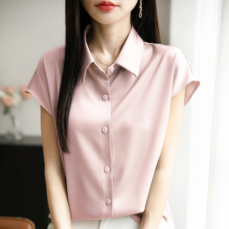 Women's Silky Satin Short-Sleeve Cardigan Top with POLO Collar – Versatile and Professional