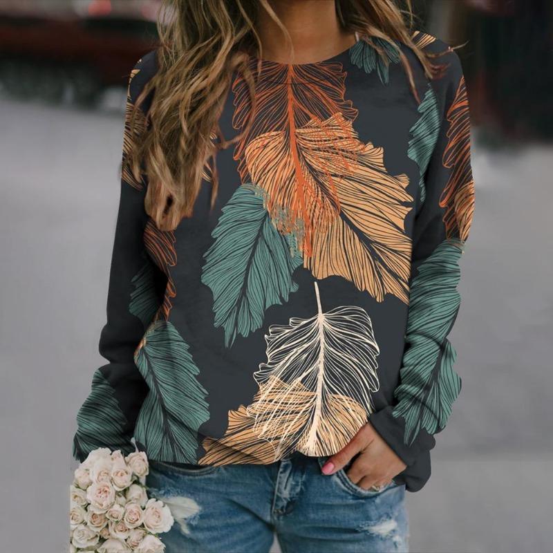 Flower Pattern Print Women's T-Shirt Long Sleeve Autumn O Neck Lady Clothes Tops Oversized Harajuku Streetwear Female Tees