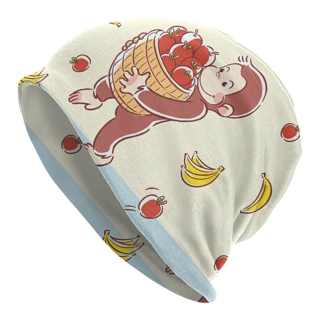 Funny Curious George And Banana Bonnet Hat Cool Outdoor Cartoon Monkey Skullies Beanies Hats Unisexs Womens Warm Dualuse Caps