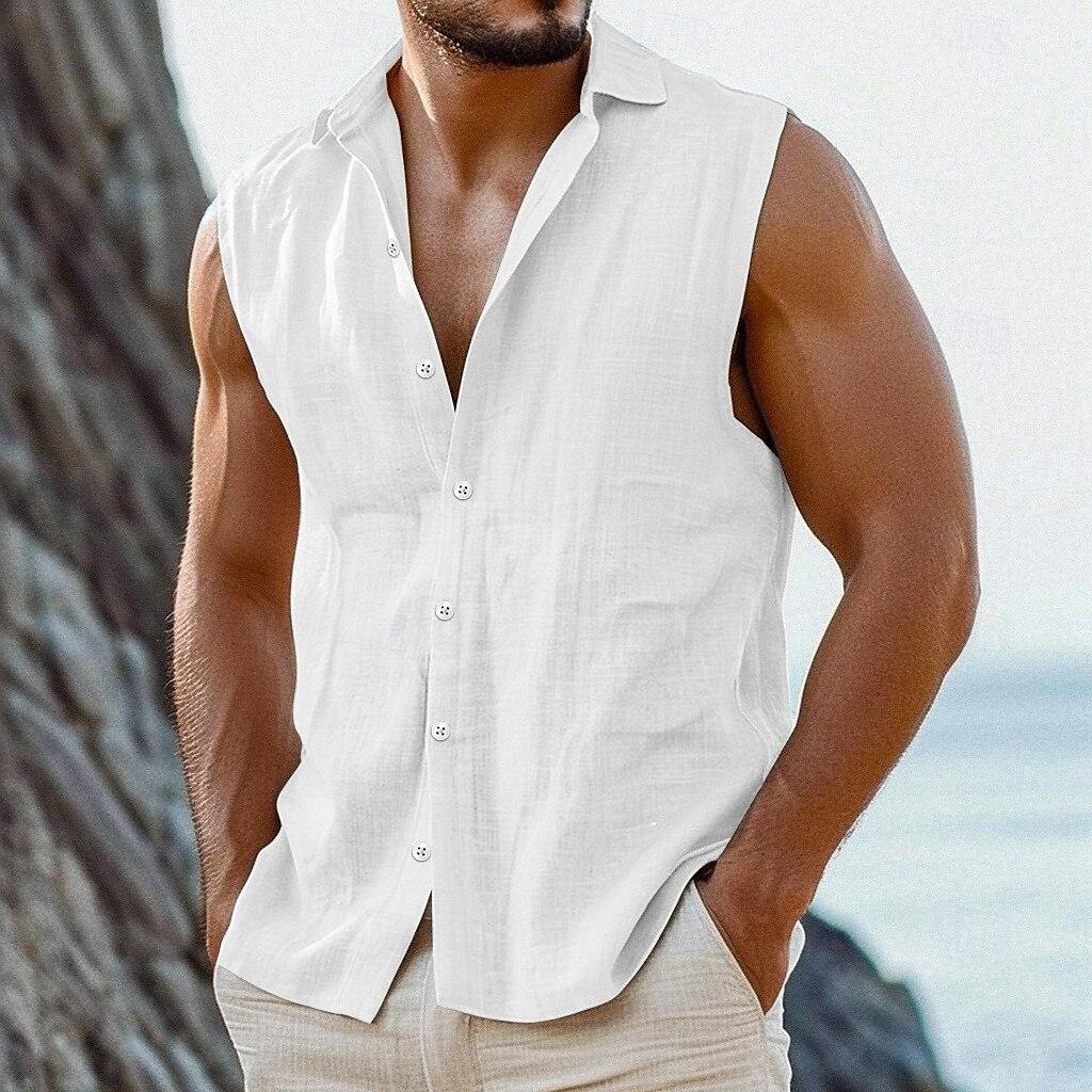100% Cotton Liene Men's Sleeveless Shirts Summer Beach Fashion Casual Shirts