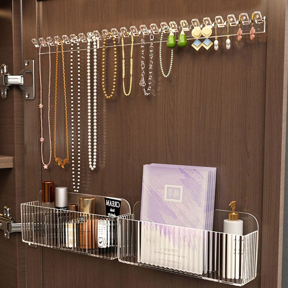 8 Hooks Jewelry Display Rack Plastic Transparent Jewelry Organizer Stand Wall Hanger Adhesive Paste Organizer Box