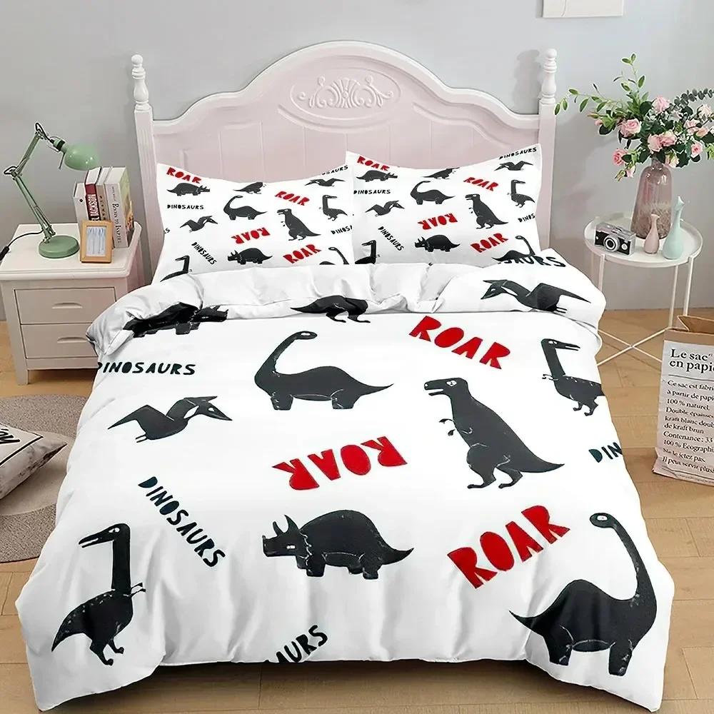 Cartoon Dinosaur Bedding Set Full King Queen Size,Cute Animal World Duvet Cover Orange Yellow Polyester Comforter Quilt Cover