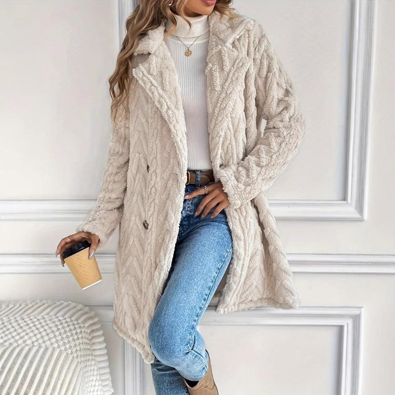 Women Double Sided Fleece Double Breasted Pockets Mid Long Casual Cardigan Coat