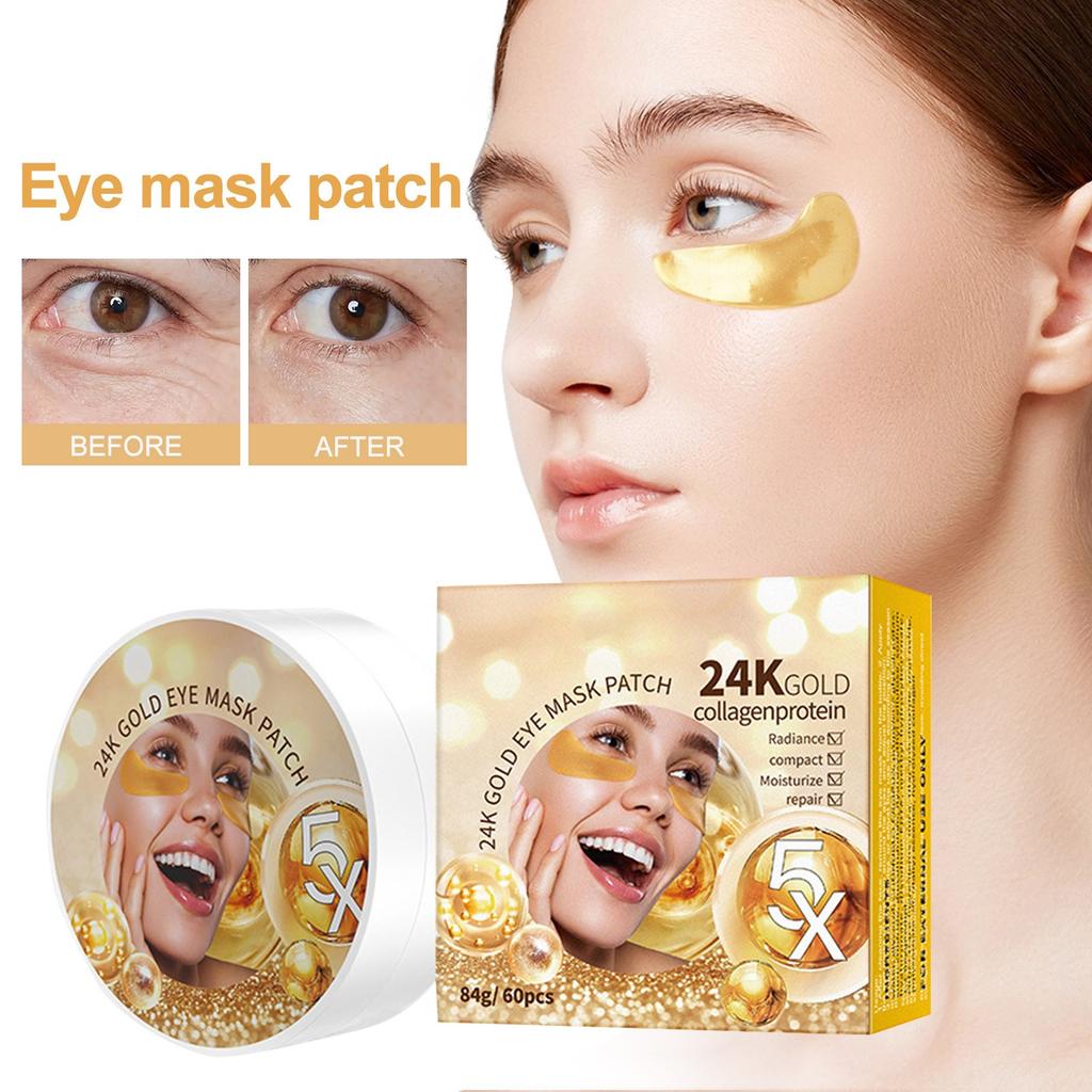 Feuchtigkeitsspendende Augenklappe, Augenpads, 60 Stück, Augenpads, 24 K Kollagen-Augenmaske, feuchtigkeitsspendend, entfernt Augenringe, reduziert feine Linien und Fältchen, 10 ml