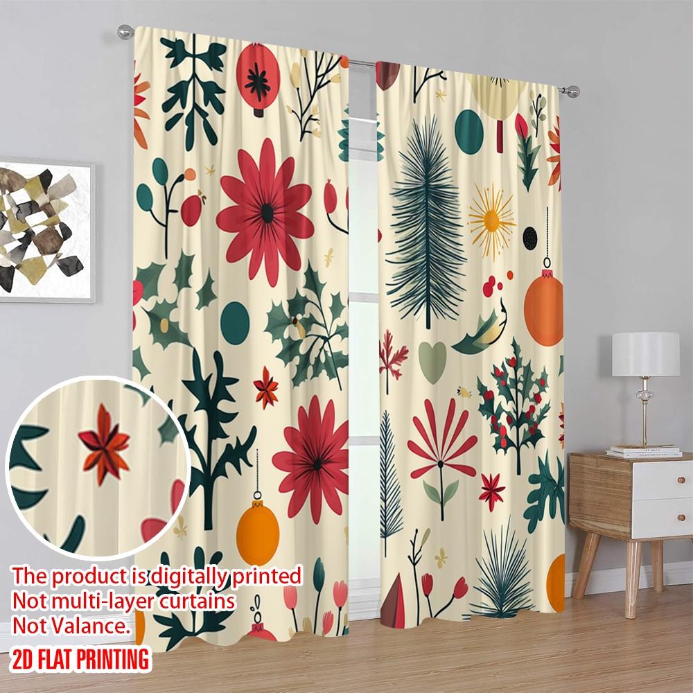 2pcs,2D plane printing Popular Curtains Christmas Balls Trees Flowers Versatile Polyester Fabric (without rod) All Seasons Use
