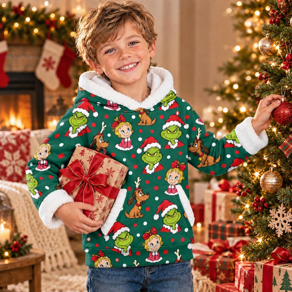 Kids Long Sleeve Christmas Print Casual Hooded Top for Boys and Girls Holiday Outfit