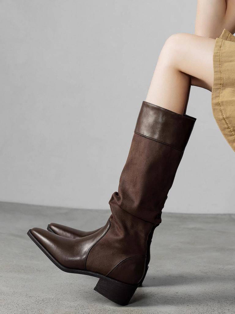 Retro Spliced Long Tube Boots Women'S Chunky Heel High-Cut Boot Cross-Banding Faionable Casual Round Toe Boot